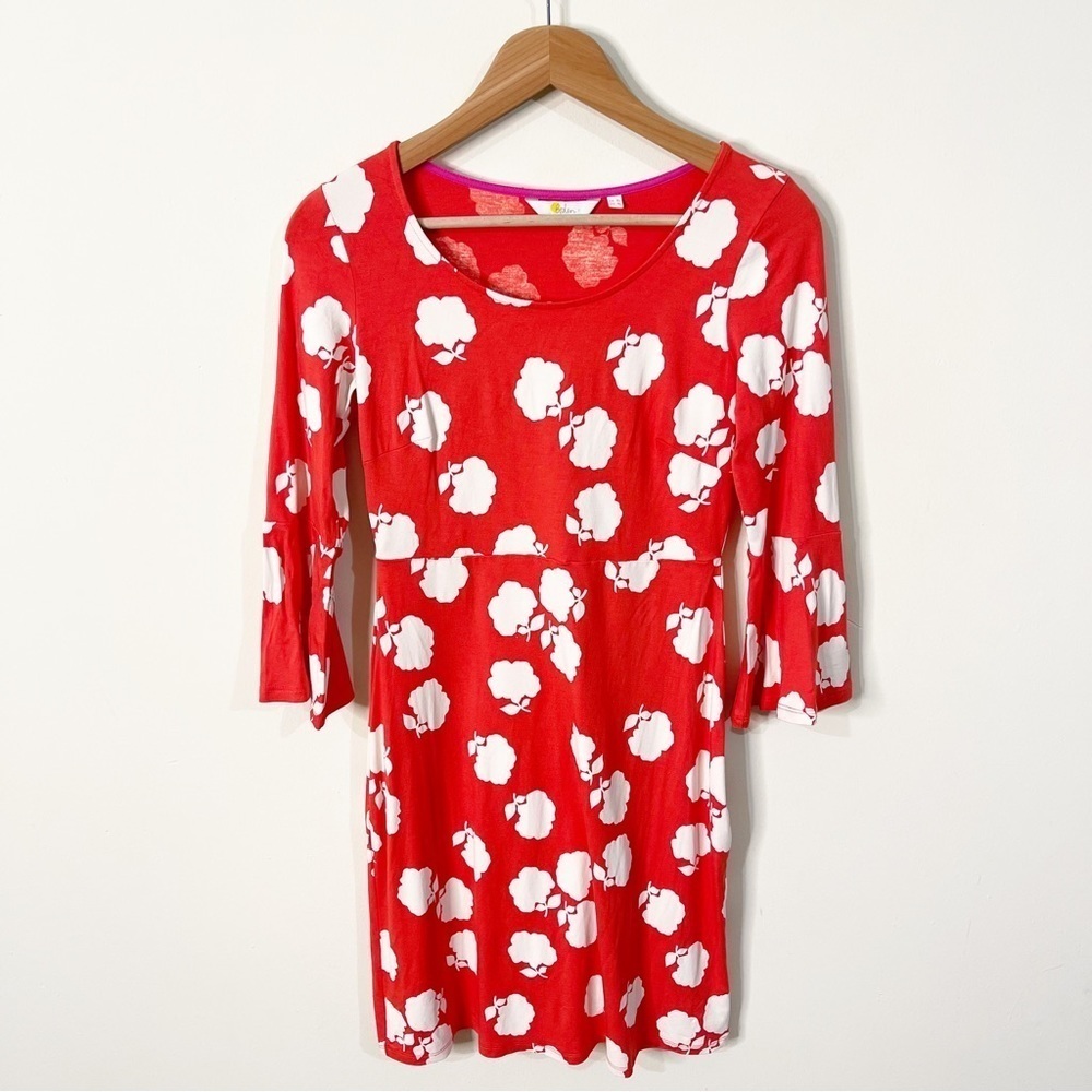 Boden Poppy Red Floral Miriam Floral Jersey A-Line Bell Sleeve Dress Size 4 Long - Picture 2 of 8
